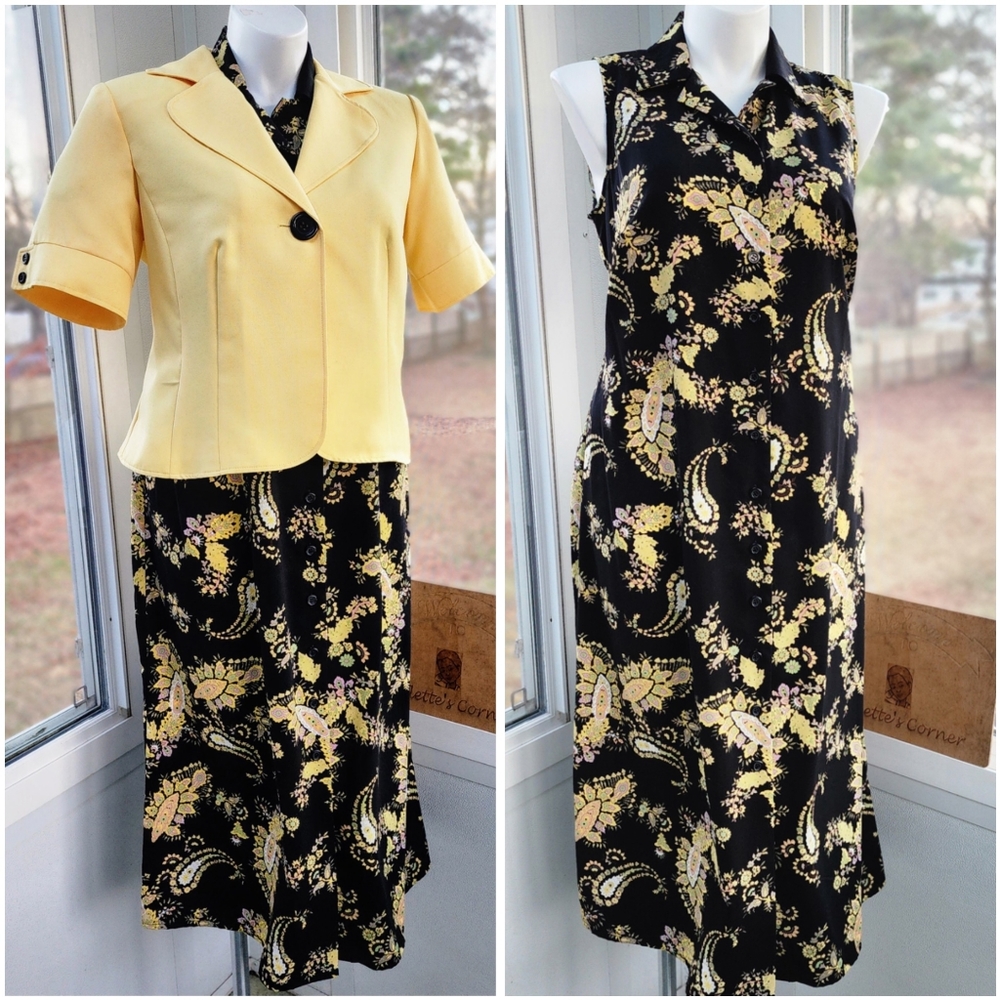 Studio 1 Black Yellow Paisley Sleeveless Dress & Short Sleeve Jacket 2 Piece Set